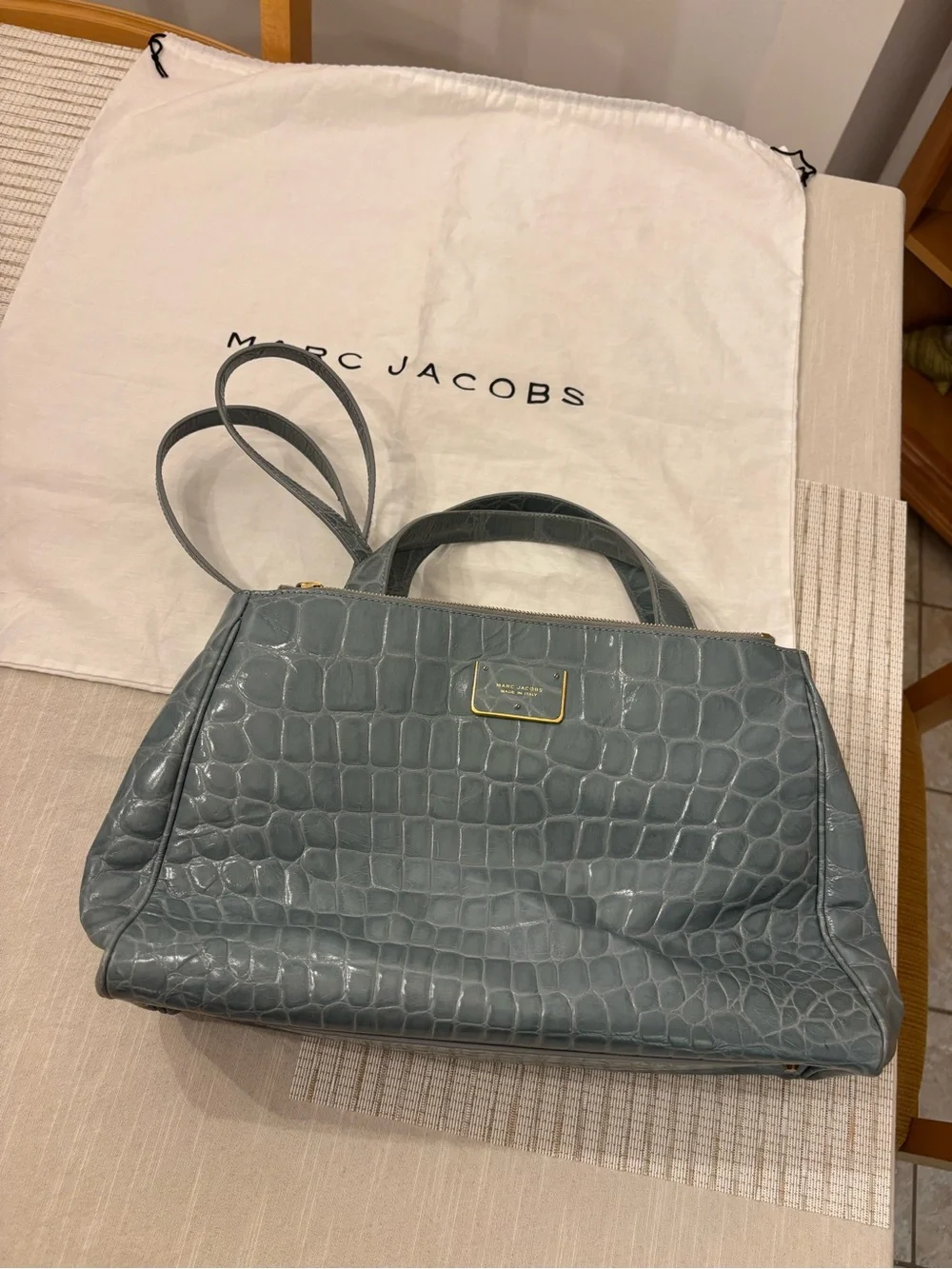 RARE Marc Jacobs Slate Blue Croc-Embossed Italian Leather Satchel with Gold